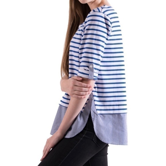 Lili’s Closet Gabbi Blue White Striped Top Layered Hem 3/4 Sleeve Size Small - Picture 2 of 7
